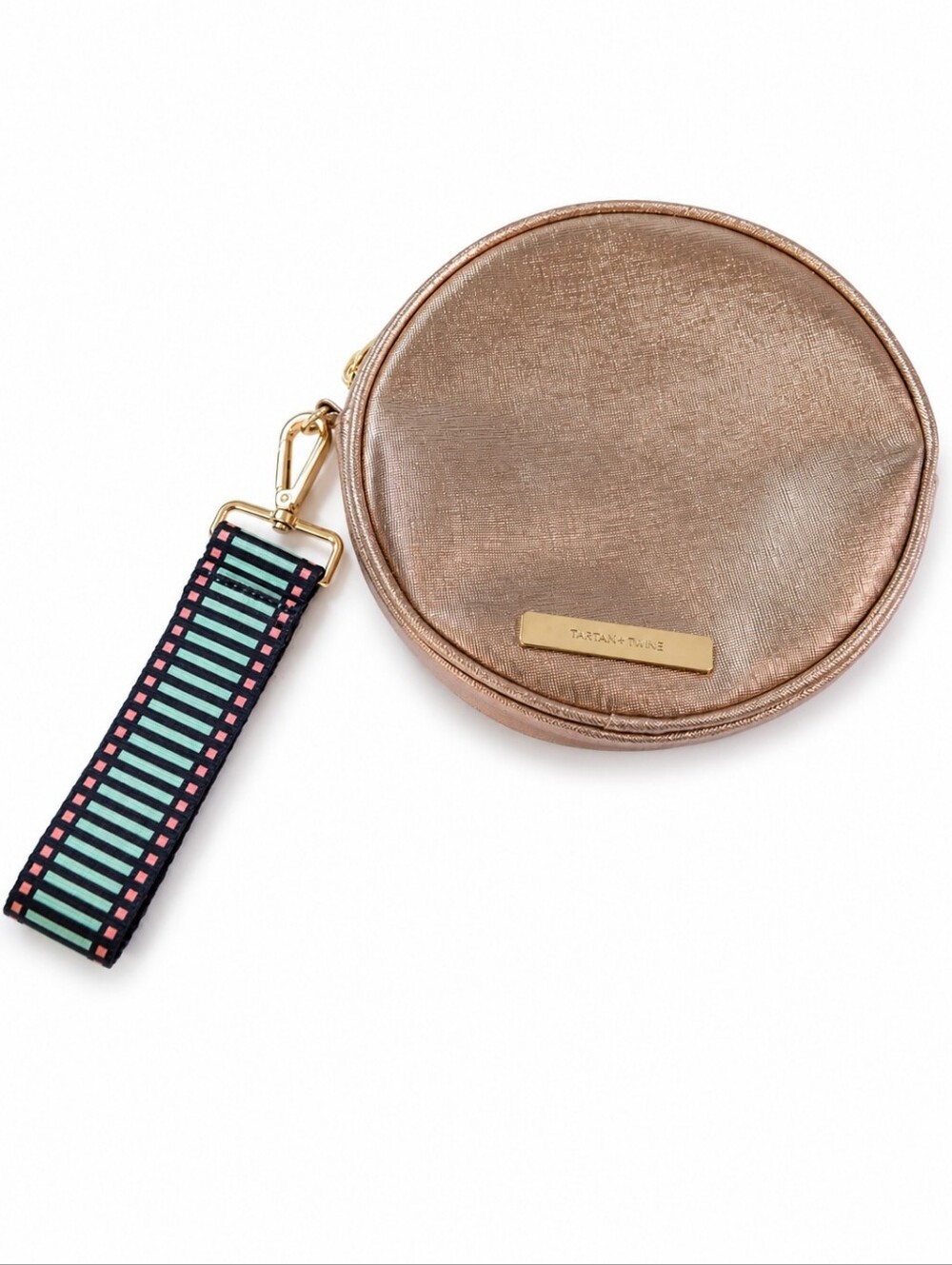 Tartan + Twine Metallic Rose Gold Round Crossbody Bag Striped Strap